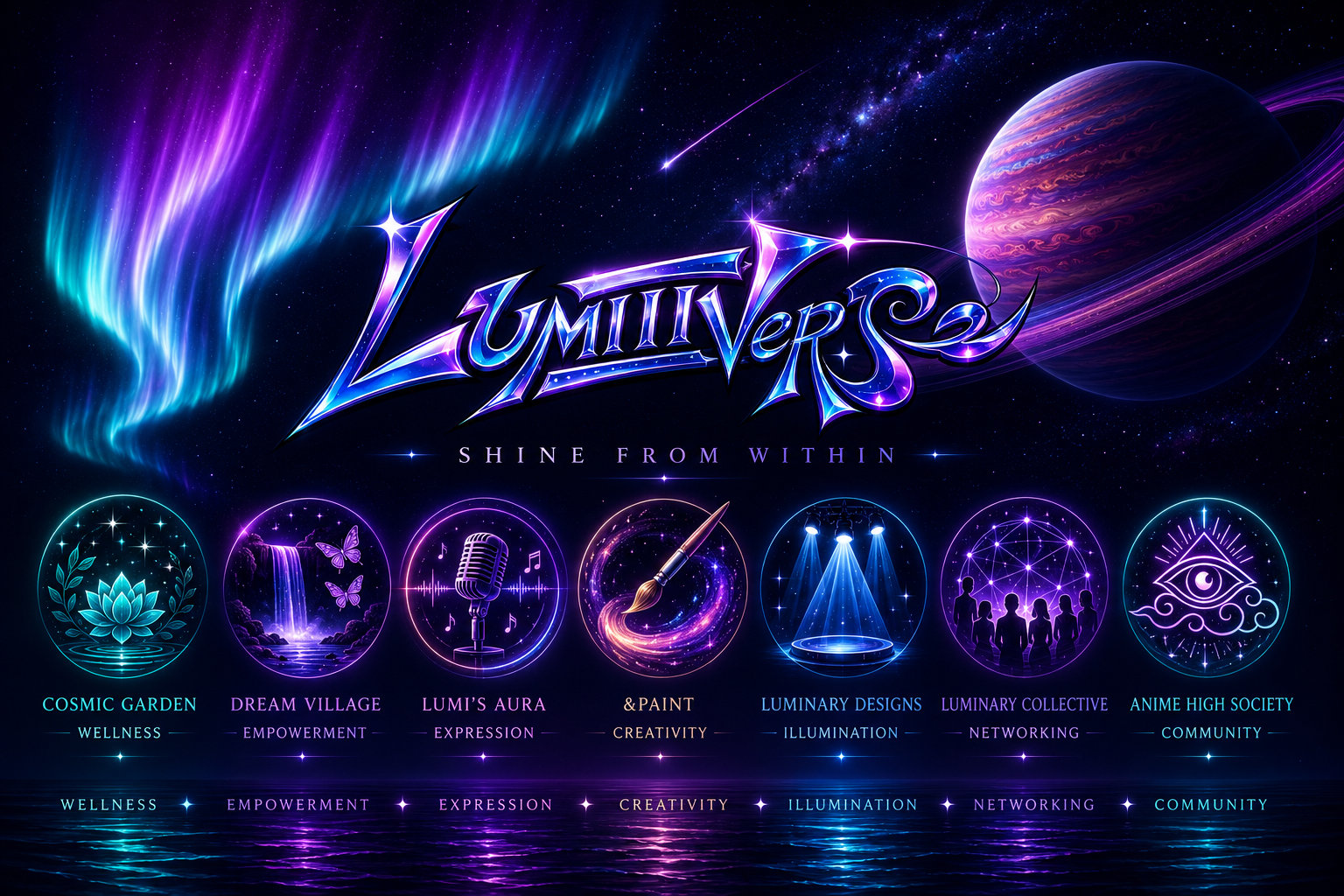 Logo and branding elements for 'Luminivers' with cosmic and mystical designs.