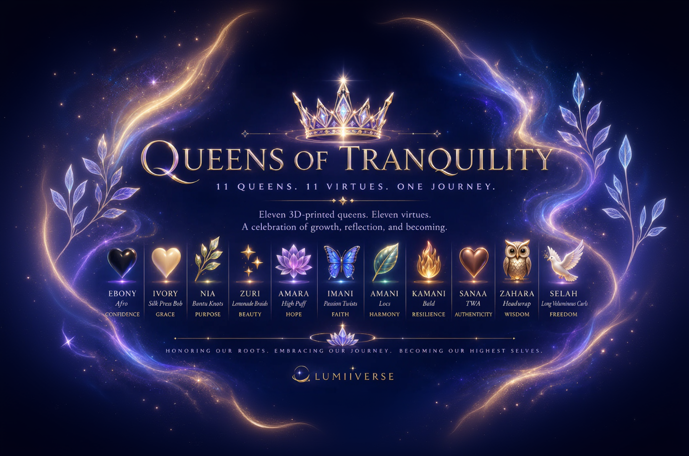 Promotional graphic for 'Queens of Tranquility' with crowns and virtues on a dark blue background.