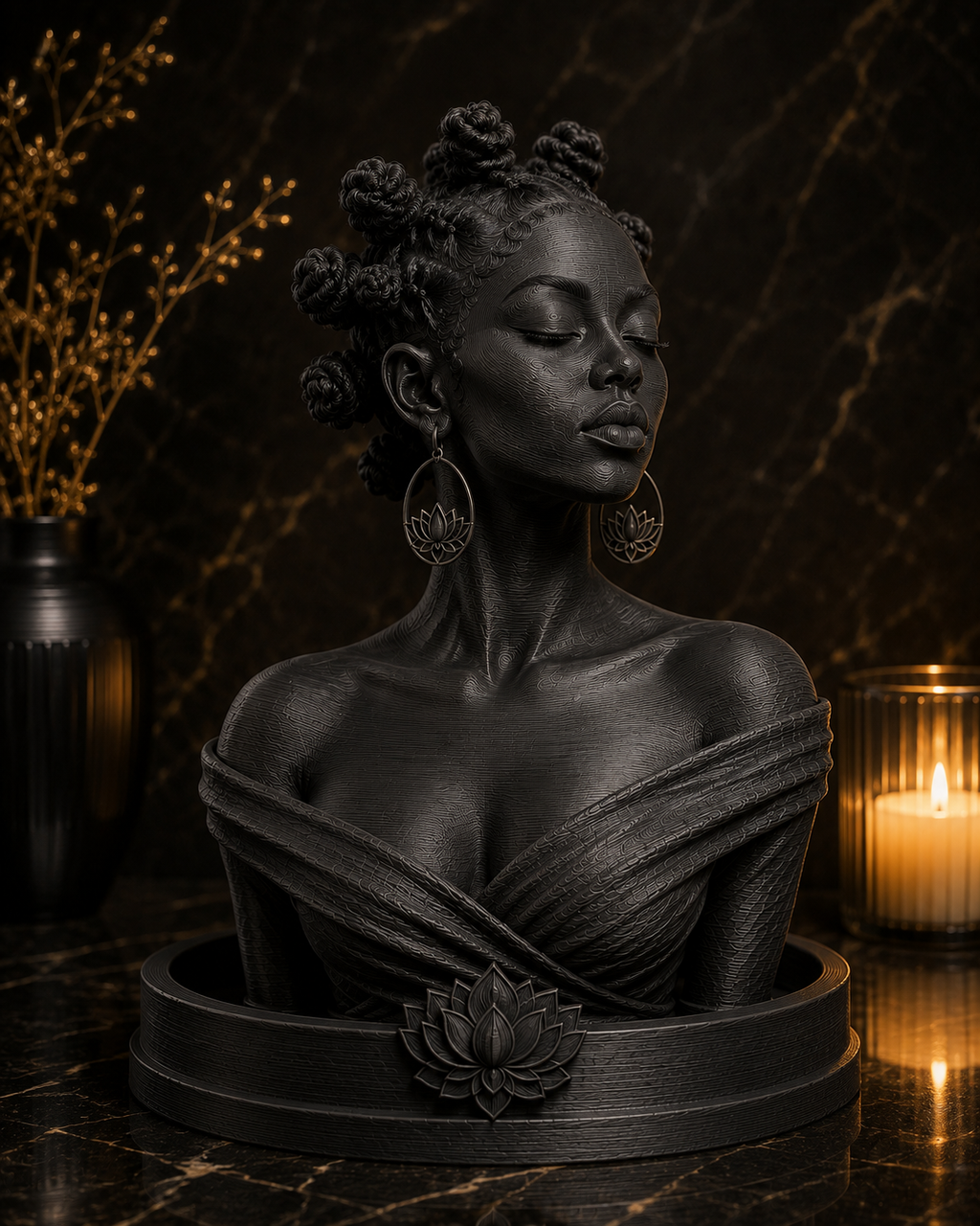 A dark matte black sculpture of a woman's bust with bantu knots , wearing draped fabric and large lotus earrings, displayed on a circular base with a lotus emblem. The bust is set on a polished dark marble surface with a lit candle and a vase of dried branches in the background.