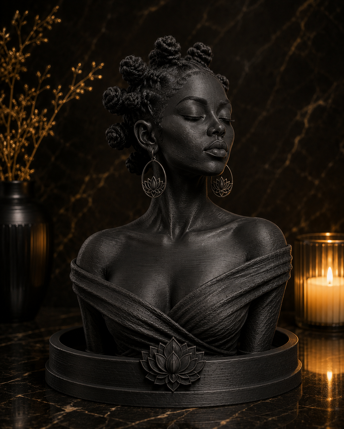 A dark matte black sculpture of a woman's bust with bantu knots , wearing draped fabric and large lotus earrings, displayed on a circular base with a lotus emblem. The bust is set on a polished dark marble surface with a lit candle and a vase of dried branches in the background.