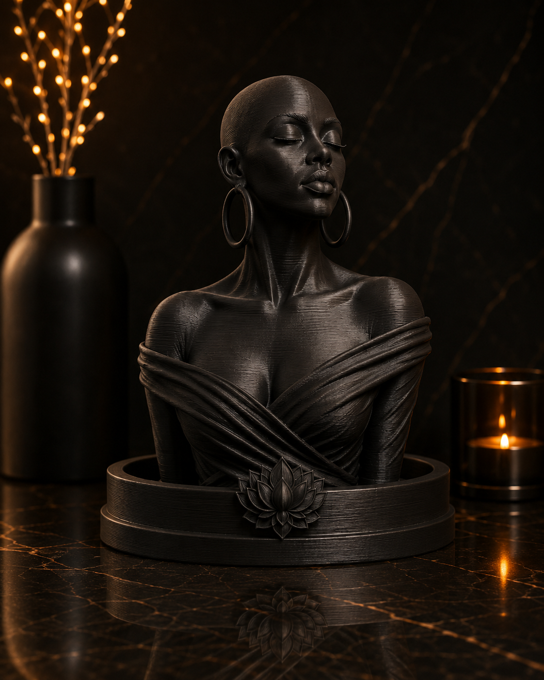 A matte black decorative bust sculpture of a woman with closed eyes, large hoop earrings, and draped fabric details, displayed on a round base against a dark marble background with warm ambient lighting.