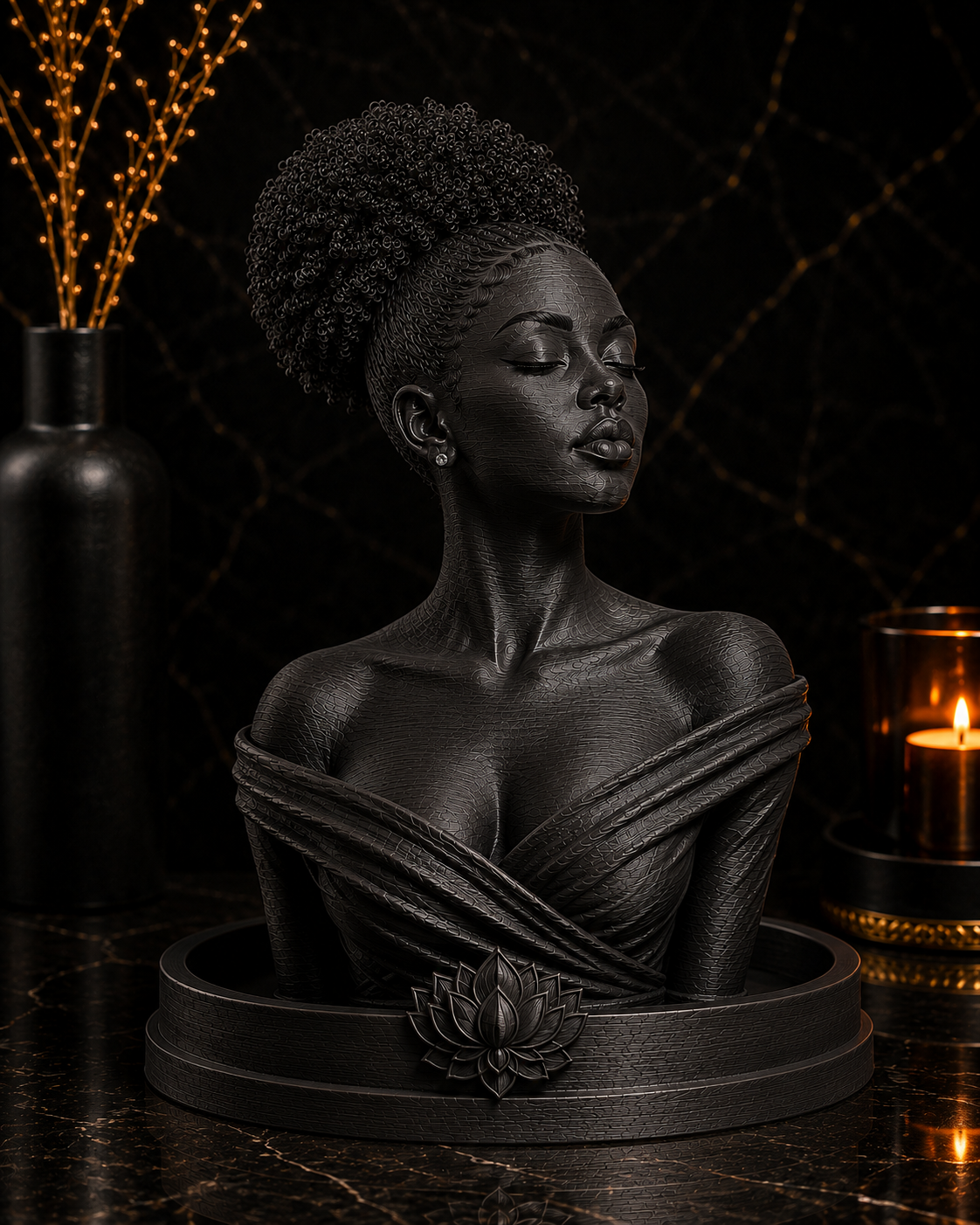 A matte black bust sculpture of a woman with closed eyes, styled on a dark marble surface with a lotus flower emblem on the base, flanked by a dark bottle with gold lights and a lit candle in a dark, atmospheric setting.