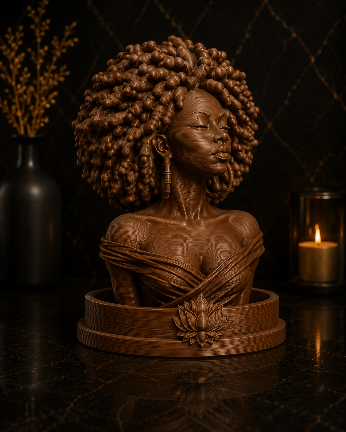 A sculpted bust of a woman with voluminous curly hair, rendered in a warm brown wood-like finish, displayed on a matching round base against a dark moody background with a lit candle and blurred decorative vase.