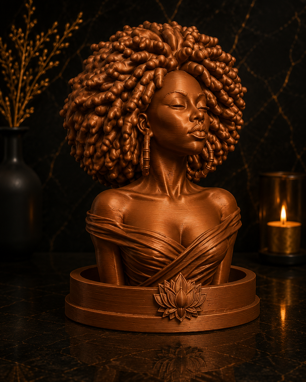 A copper-finished decorative bust sculpture of a woman with voluminous curly hair, shown on a round pedestal with a carved lotus detail, set against a dark moody background with a lit candle.