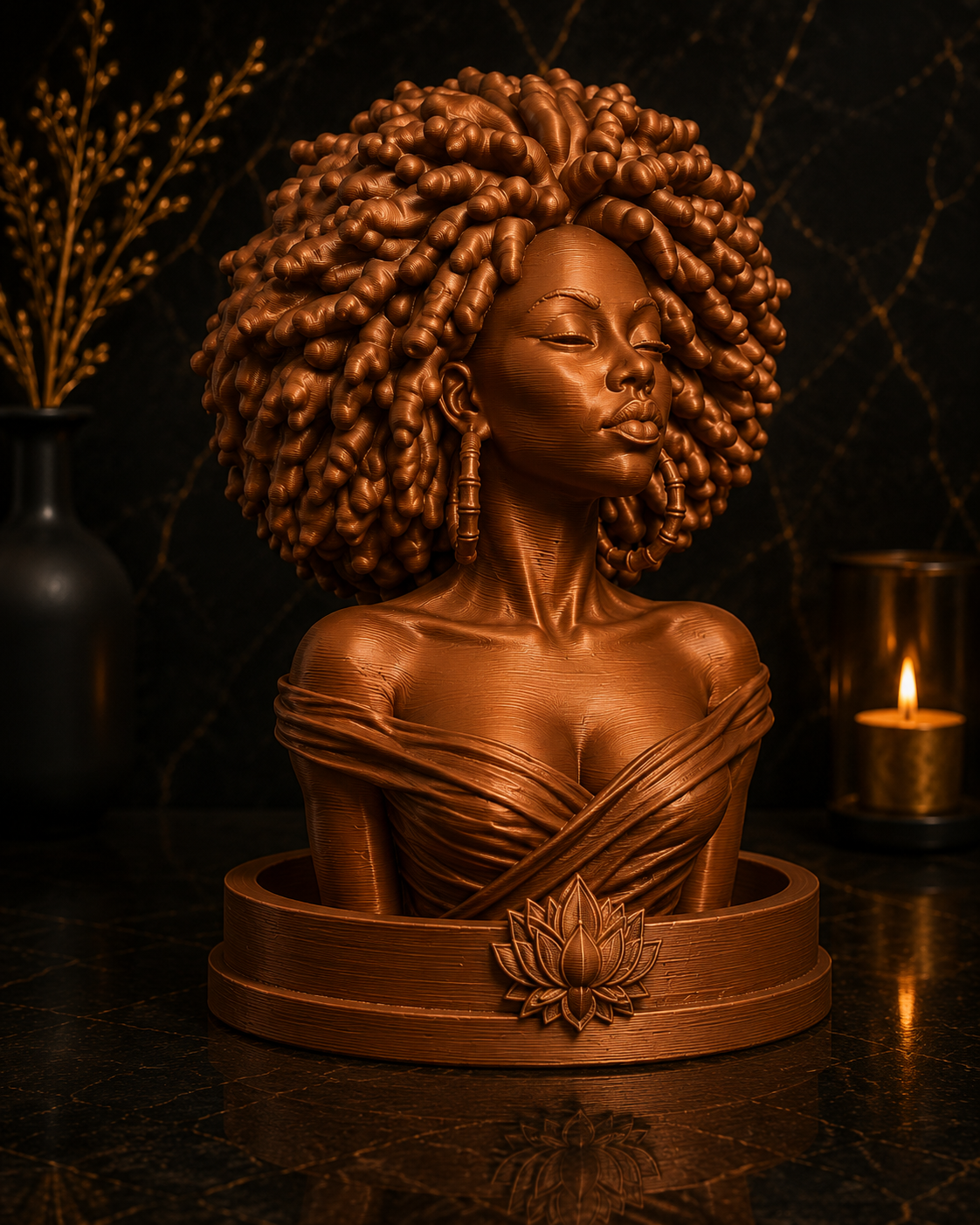 A copper-finished decorative bust sculpture of a woman with voluminous curly hair, shown on a round pedestal with a carved lotus detail, set against a dark moody background with a lit candle.