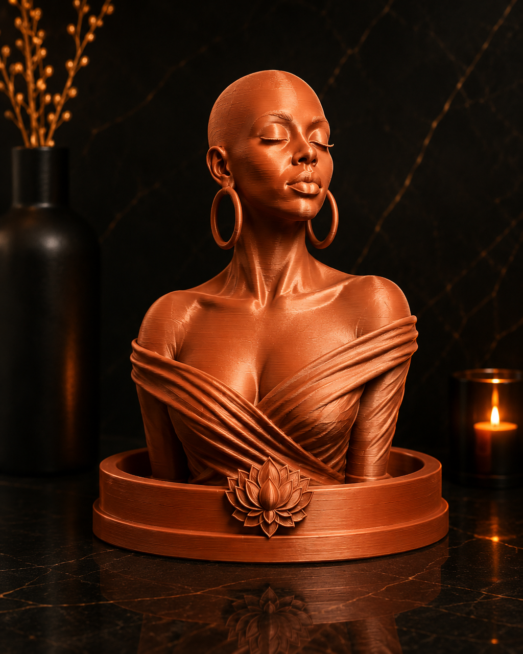 A copper-finished sculpture of a woman's bust with closed eyes, large hoop earrings, and draped fabric, displayed on a round pedestal with a lotus motif, set against a dark background with decorative vases and a candle.