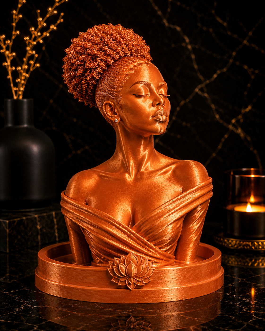 A metallic bronze bust sculpture of a woman with closed eyes and an elegant high bun hairstyle, displayed on a matching circular base with a lotus flower detail, set against a dark marble background with decorative vases and a candle.