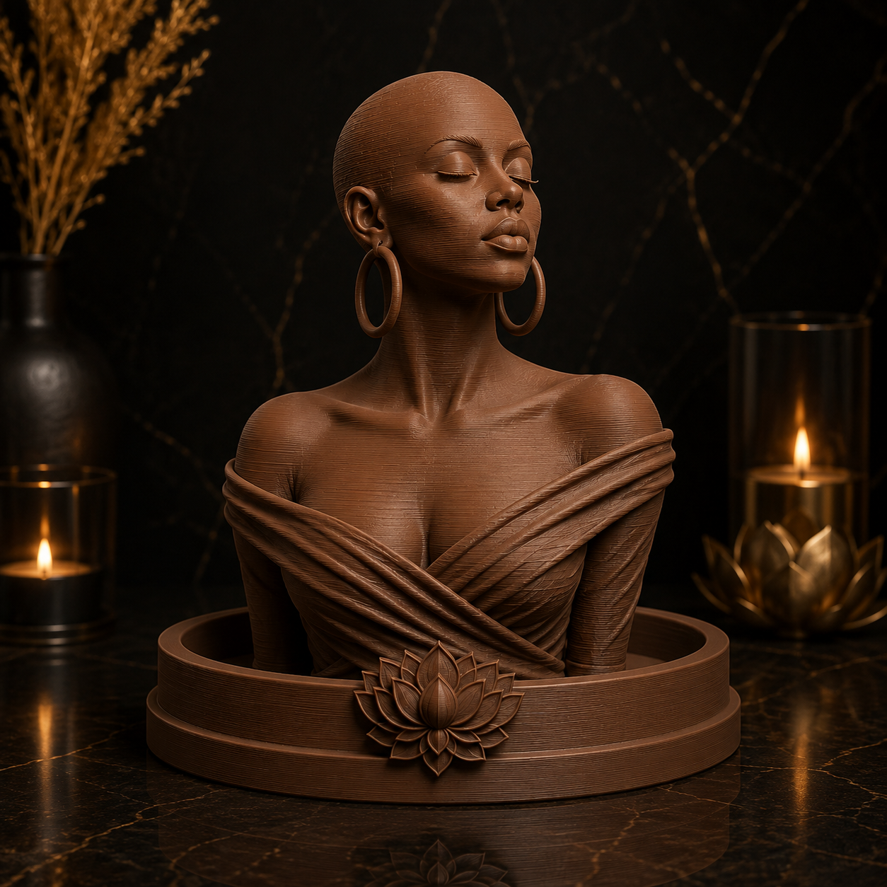 A sculptural bust of a woman with a shaved head, wearing large hoop earrings and draped fabric, displayed on a round pedestal with a lotus flower detail. The bust is photographed in a moody indoor setting with candles and dark marble surfaces.