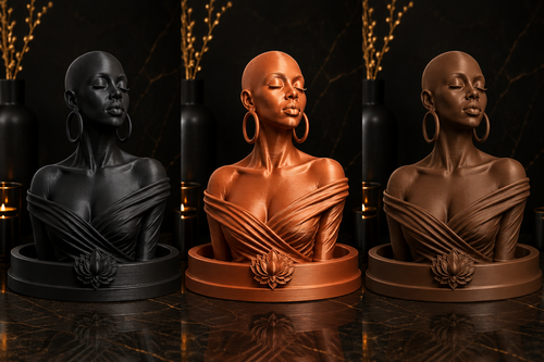 Three sculptural busts of a woman with closed eyes and large hoop earrings, shown side by side in black, copper, and brown tones on circular bases against a dark decorative background.