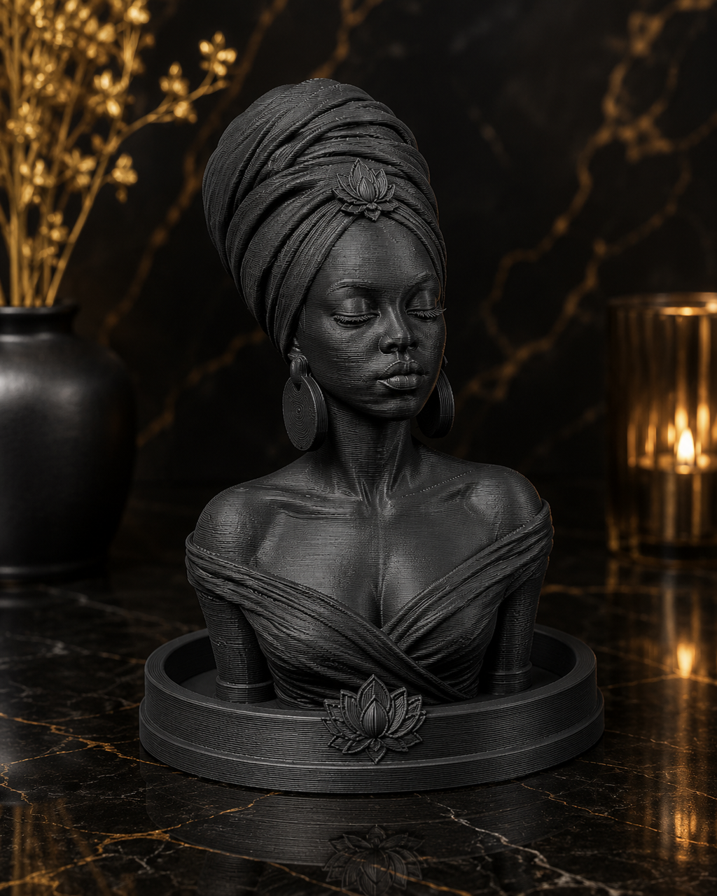 A matte black  sculpture of a woman with a wrapped headwrap and large hoop earrings, displayed on a circular lotus-themed base against a dark marble background with warm candlelight.