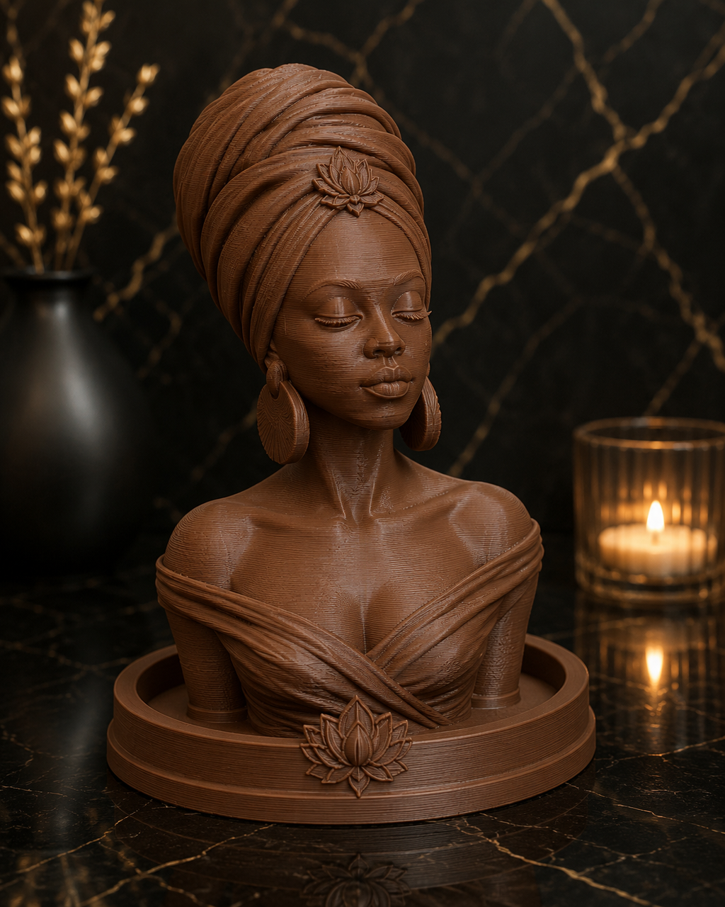 A sculpted bust of a woman with closed eyes, wearing a wrapped headwrap and draped shoulders, displayed on a round base with a lotus flower detail. The sculpture is photographed on a dark marble surface with a black vase and a lit candle in the background.